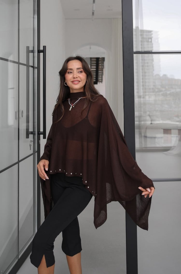 Kahverengi Taşlı Triko Pelerin Bluz