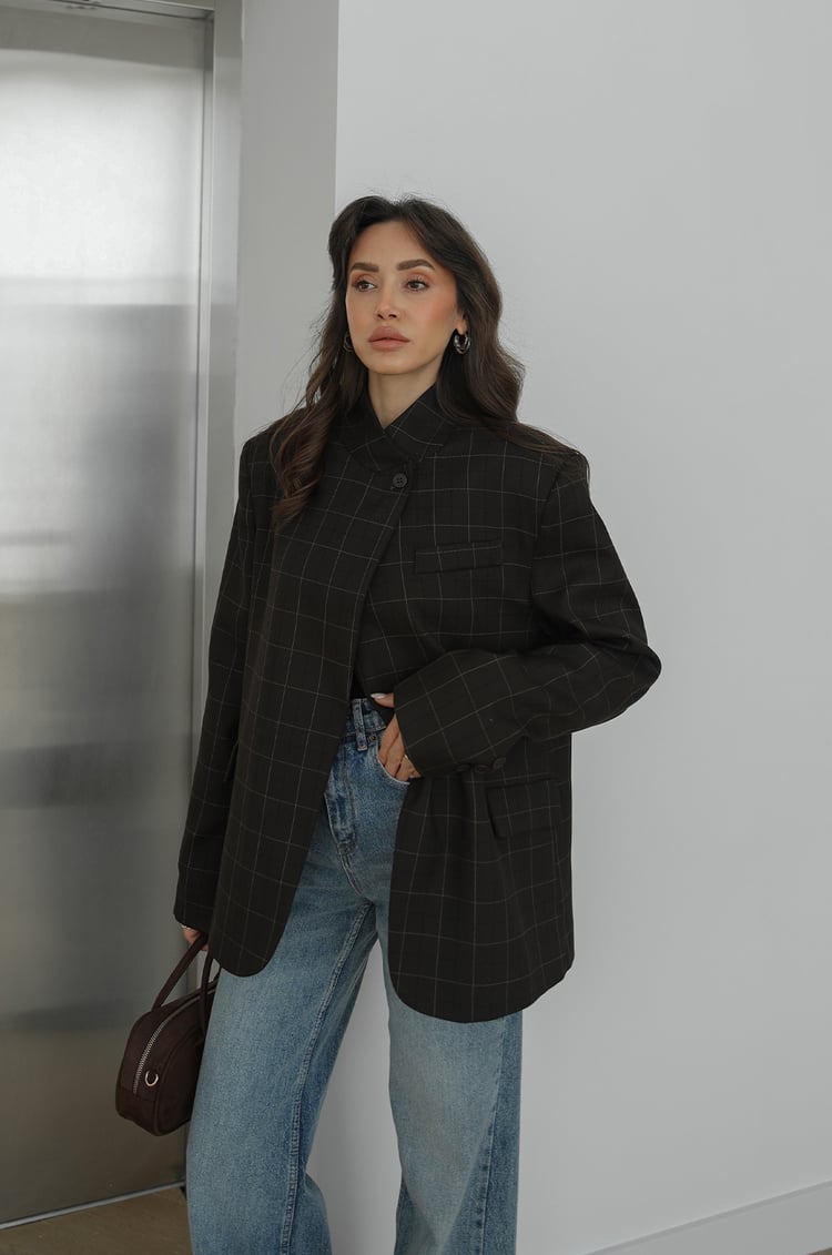 Kahverengi Tek Düğme Ekose Blazer Ceket