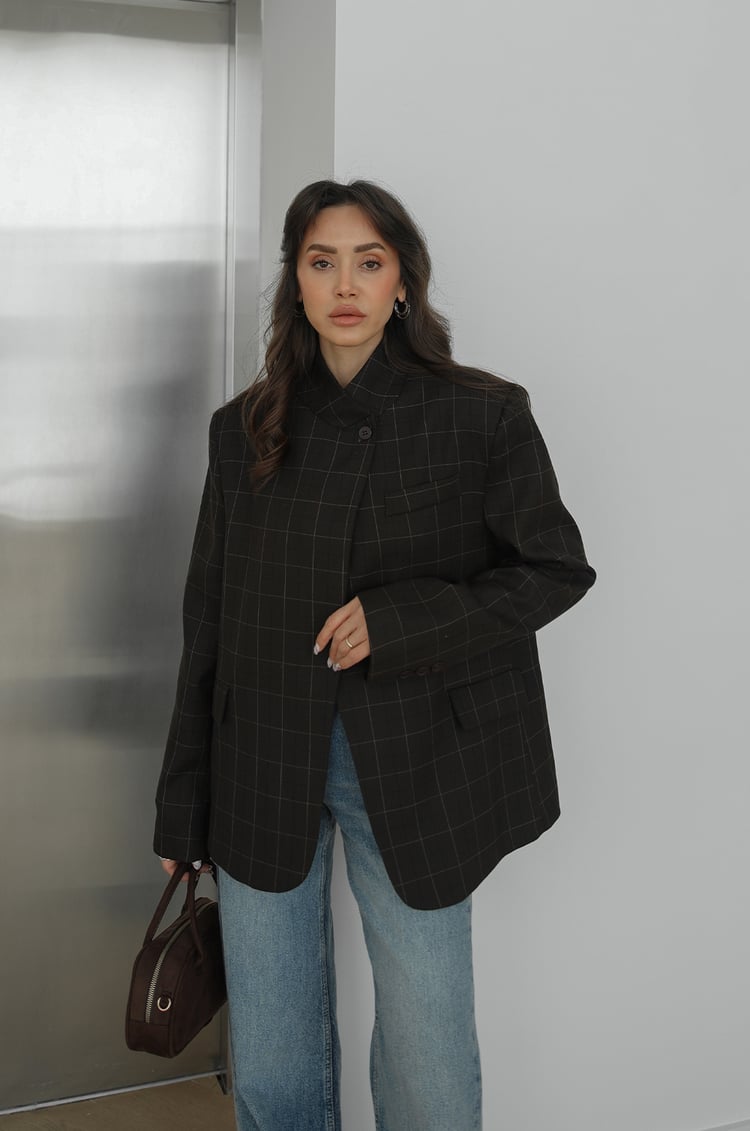 Kahverengi Tek Düğme Ekose Blazer Ceket
