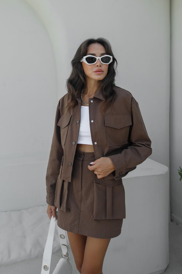 Kahverengi Tens Gabardin Etek Ceket Takım