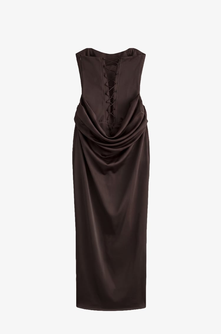 Kahverengi Vesper Drape Detaylı Straplez Elbise