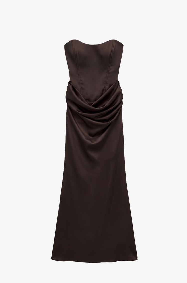 Kahverengi Vesper Drape Detaylı Straplez Elbise