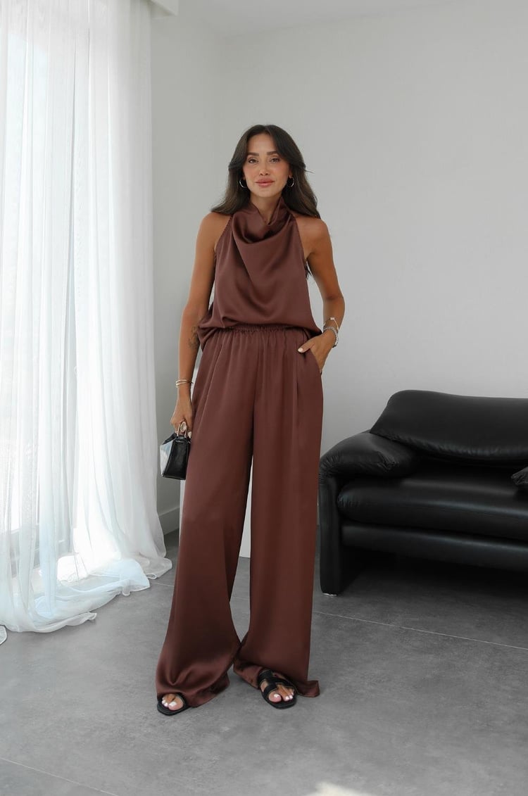 Kahverengi Winkle Saten Bluz Pantolon Takım