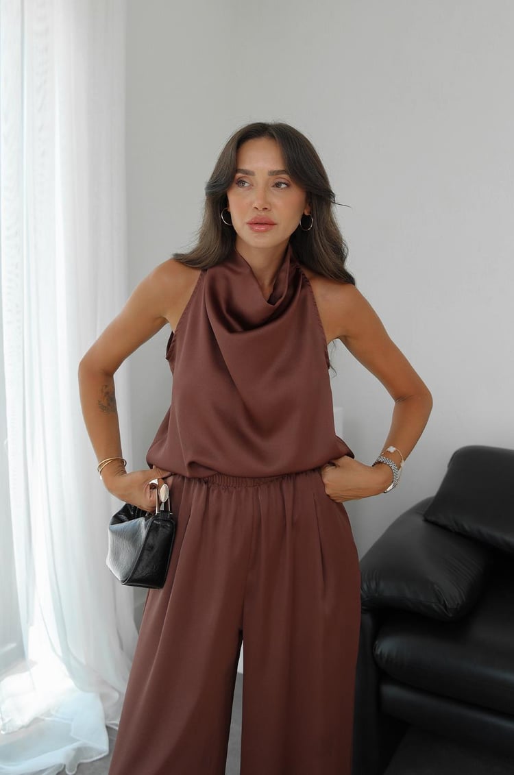 Kahverengi Winkle Saten Bluz Pantolon Takım