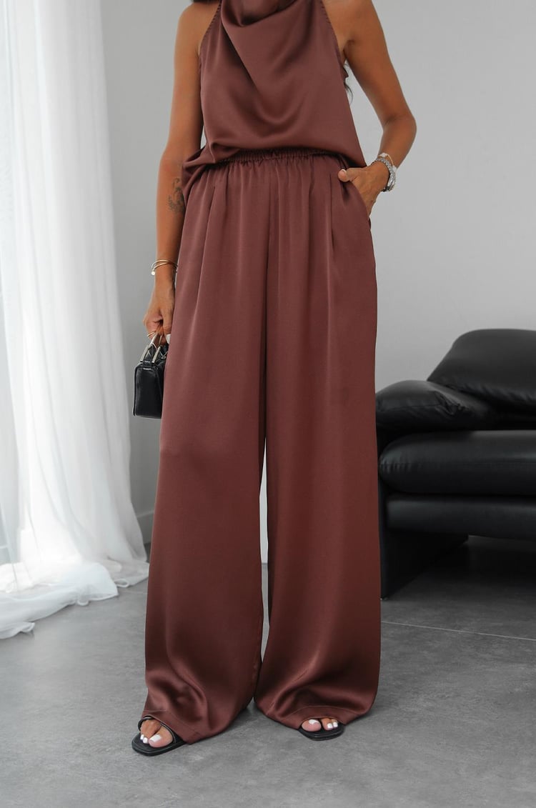 Kahverengi Winkle Saten Bluz Pantolon Takım