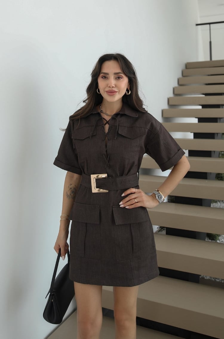 Kahverengi Yakası İp Bağlamalı Kemerli Denim Elbise