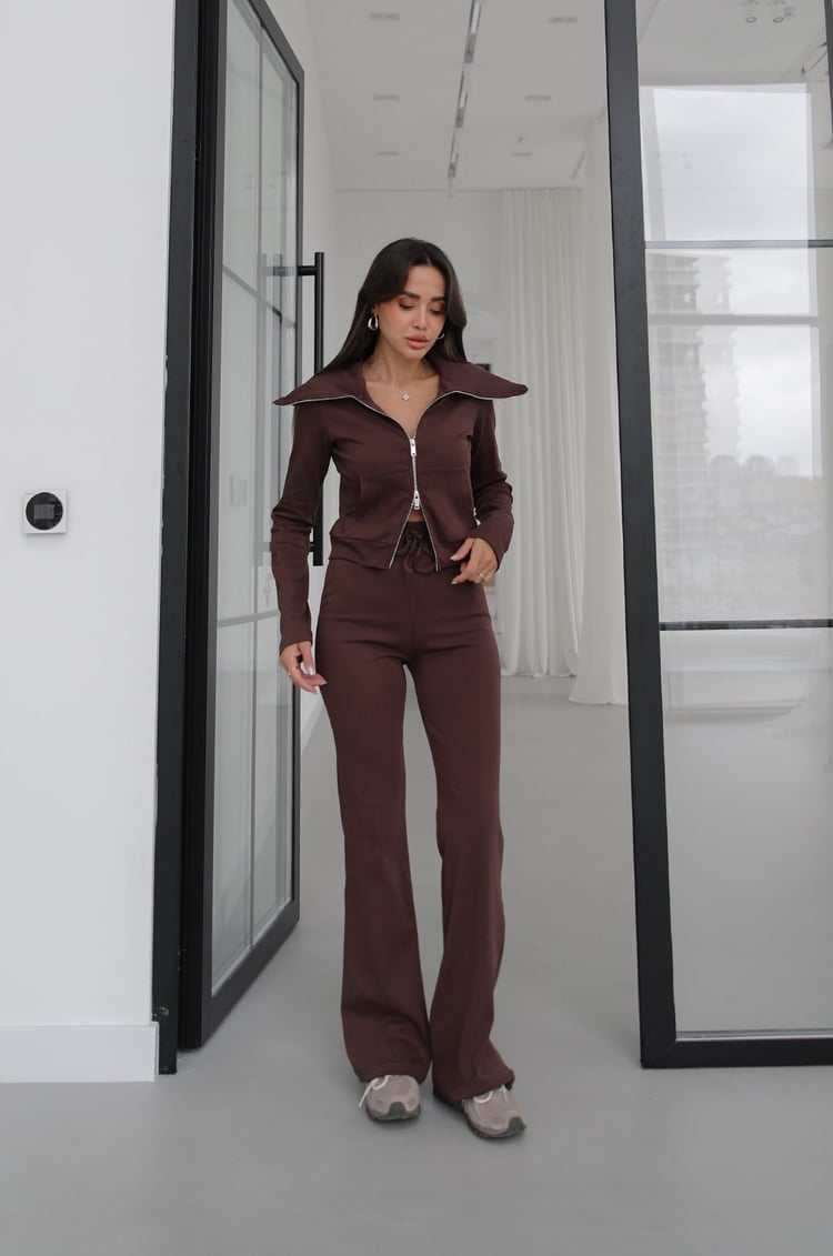 Kahverengi Zipper Geniş Yaka Çift Fermuarlı Eşofman Takım