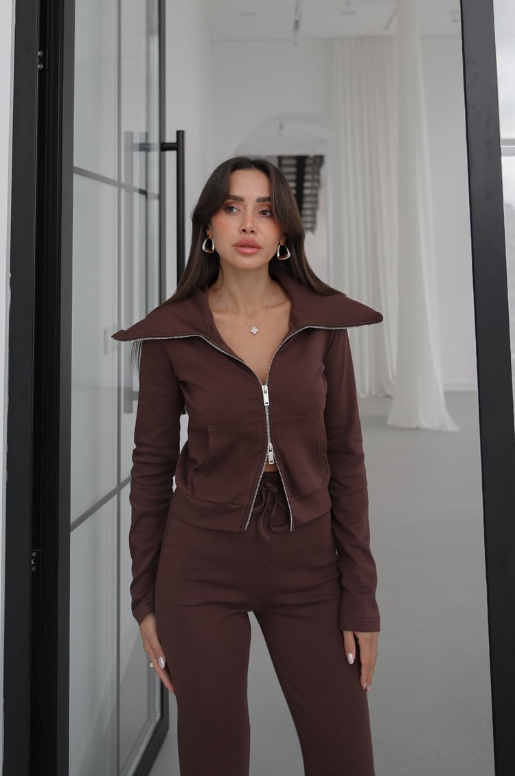 Kahverengi Zipper Geniş Yaka Çift Fermuarlı Eşofman Takım