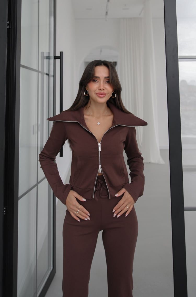 Kahverengi Zipper Geniş Yaka Çift Fermuarlı Eşofman Takım