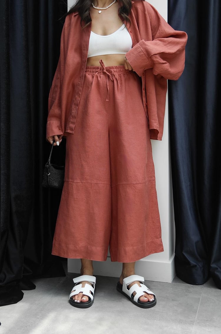 Kiremit Dikiş Detaylı %100 Keten Pantolon