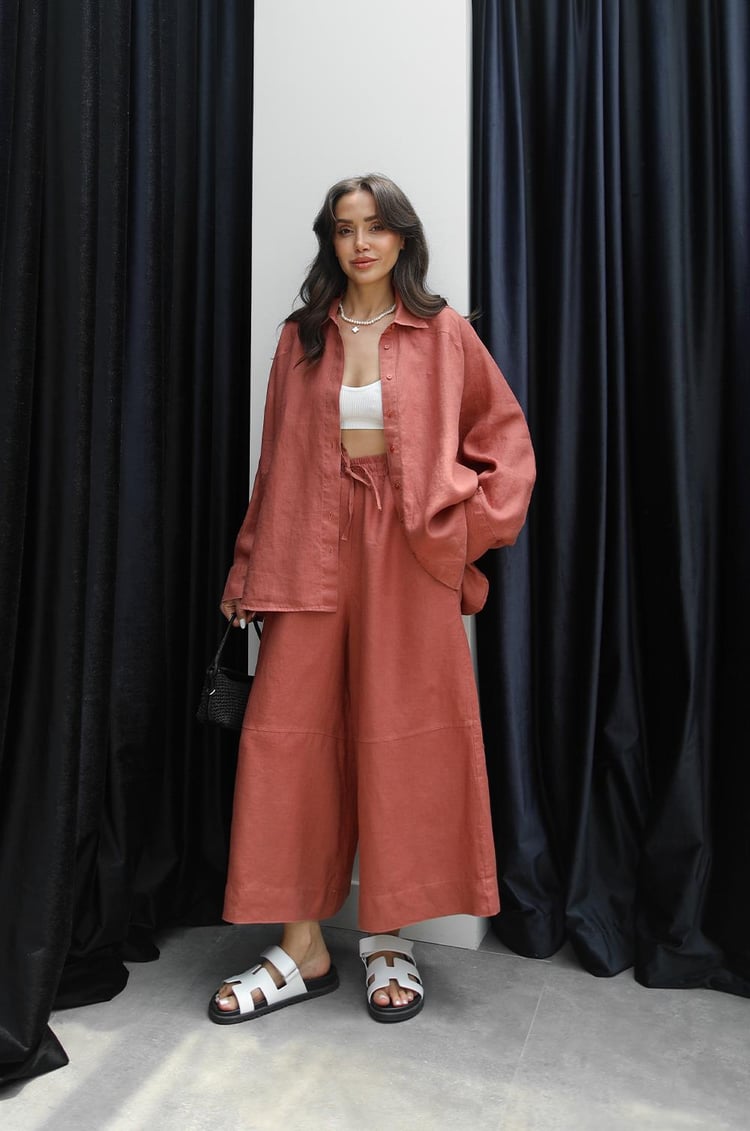 Kiremit Dikiş Detaylı %100 Keten Pantolon