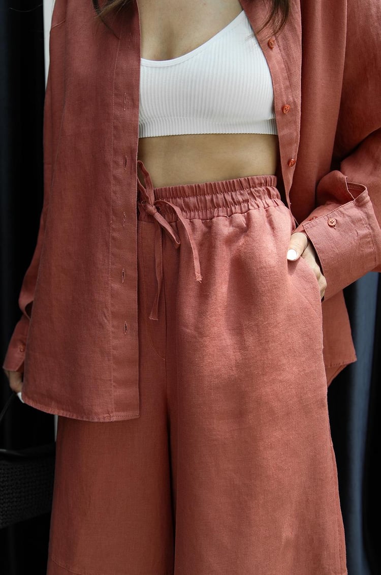 Kiremit Dikiş Detaylı %100 Keten Pantolon