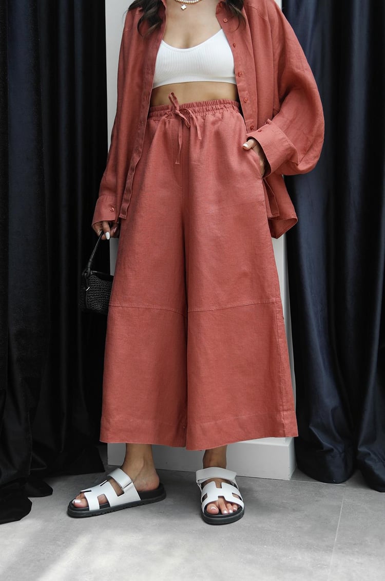 Kiremit Dikiş Detaylı %100 Keten Pantolon