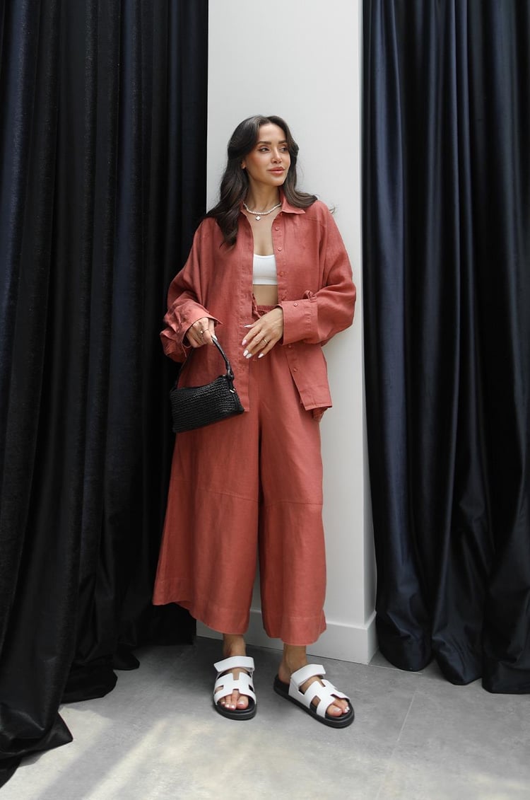 Kiremit Dikiş Detaylı %100 Keten Pantolon