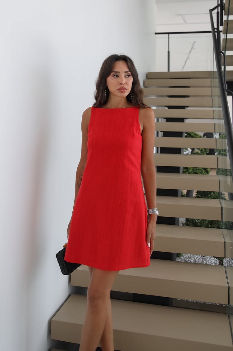 Kırmızı Antoryum Keten Elbise