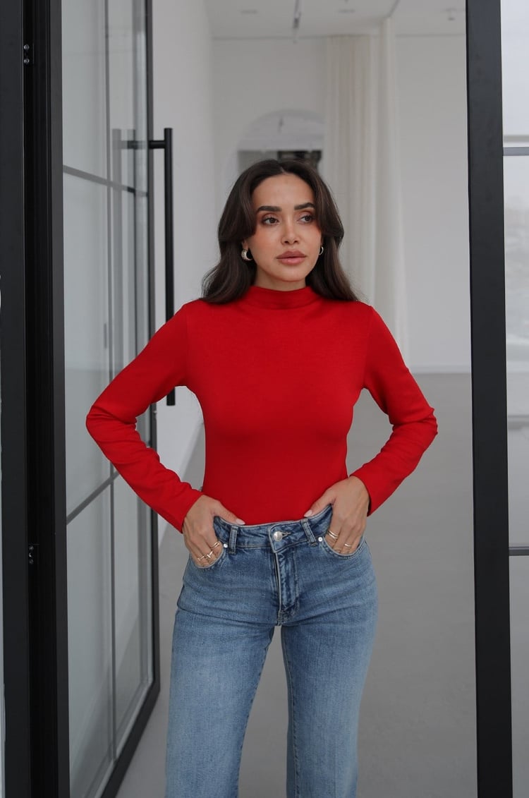 Kırmızı Balıkçı Yaka Basic Bluz