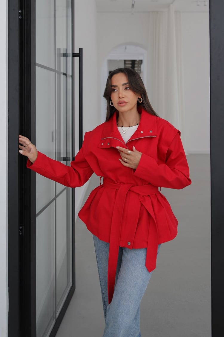 Kırmızı Belted Fermuarlı Trençkot