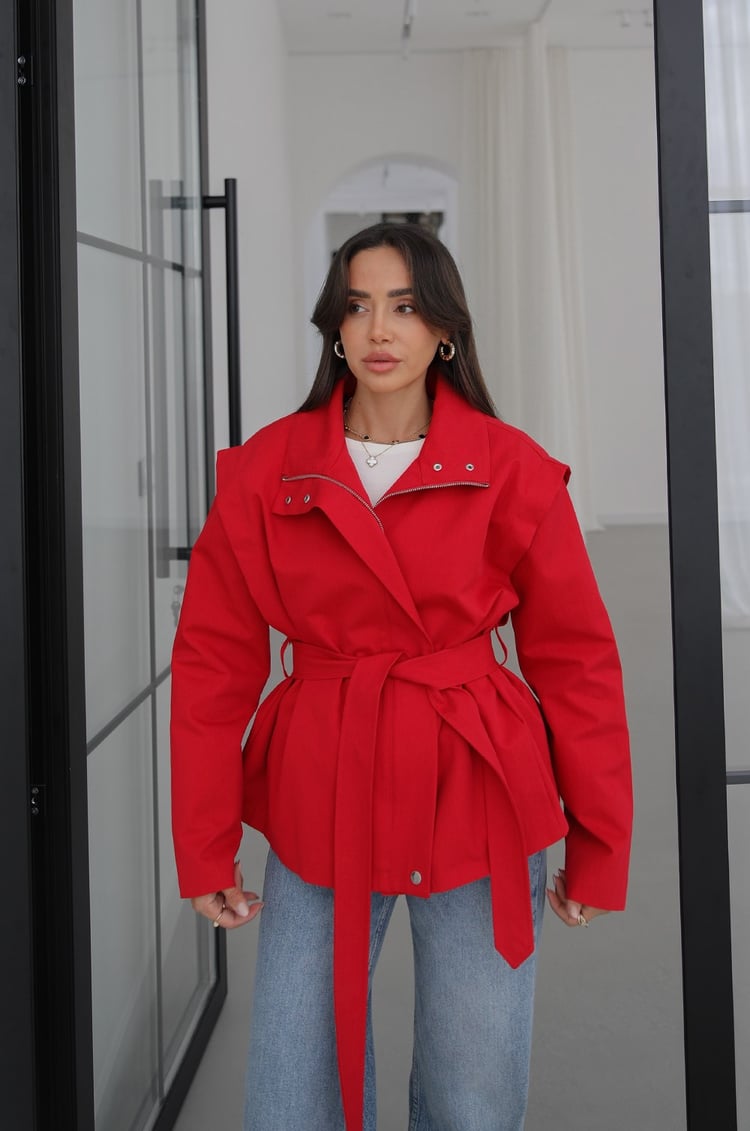 Kırmızı Belted Fermuarlı Trençkot