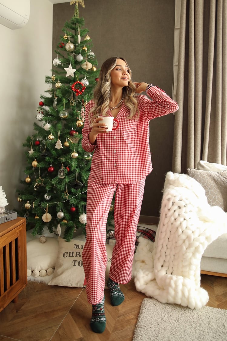Kırmızı Beyaz Pötikareli Pijama Takım