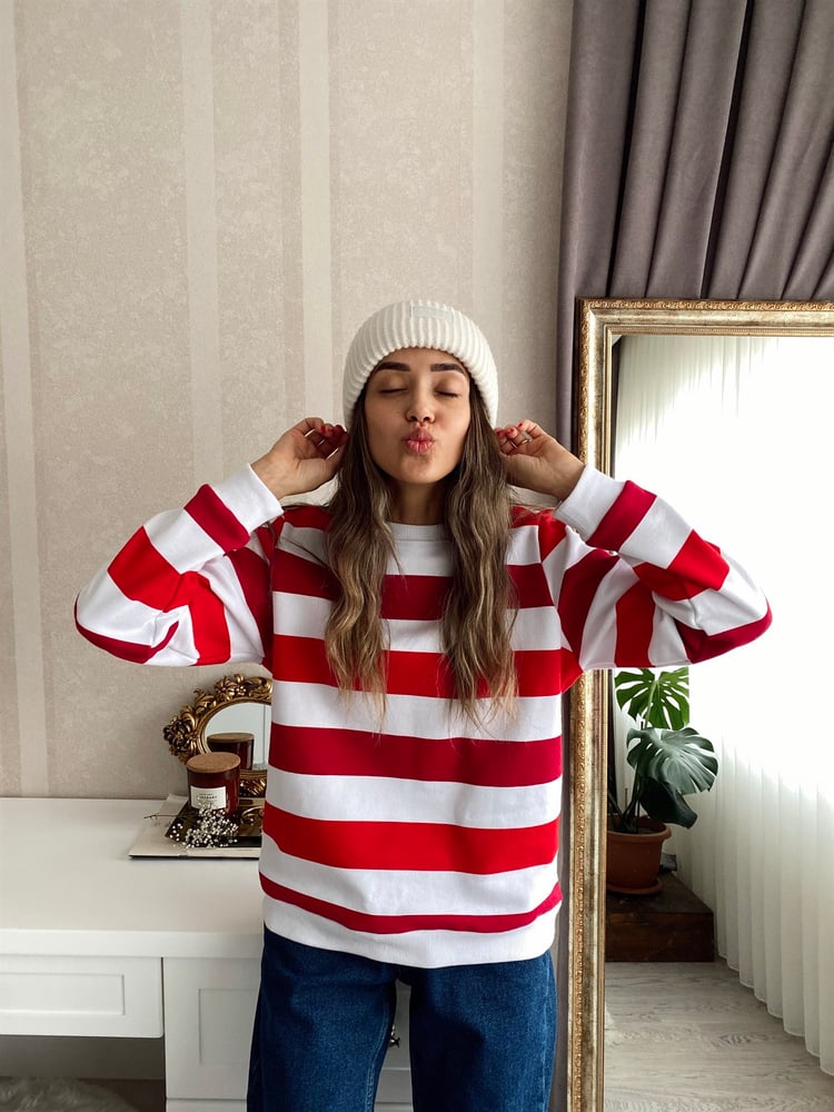 Kırmızı Bordo Beyaz Çizgili Sweatshirt