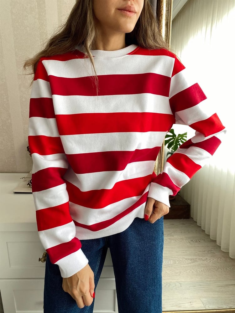 Kırmızı Bordo Beyaz Çizgili Sweatshirt
