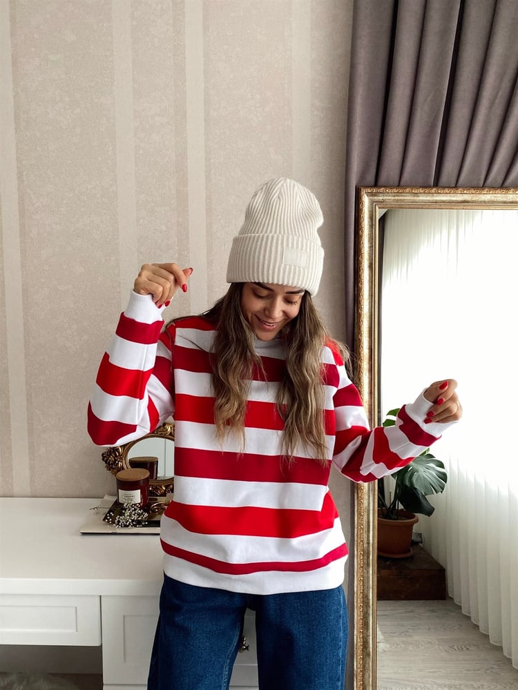 Kırmızı Bordo Beyaz Çizgili Sweatshirt