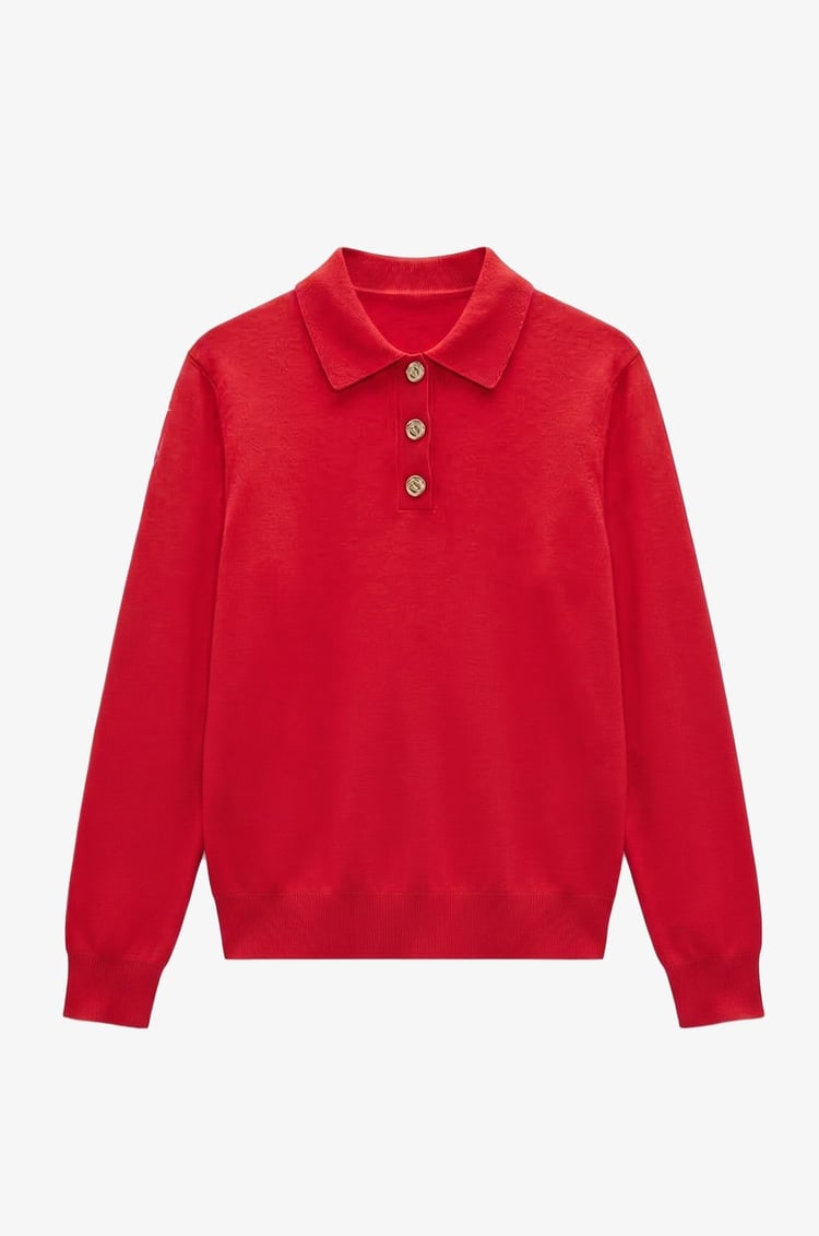 Kırmızı Button Polo Yaka Kazak