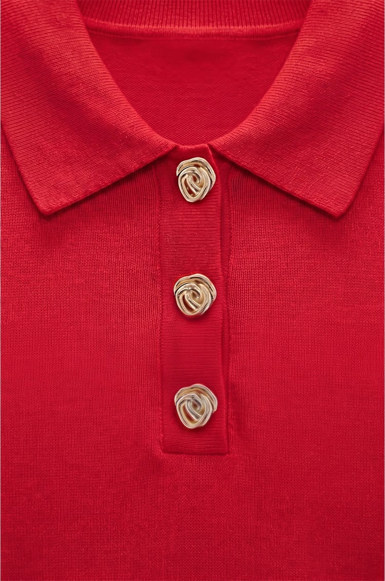 Kırmızı Button Polo Yaka Kazak