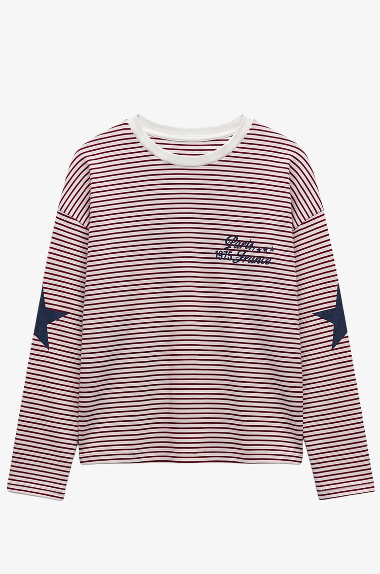 Kırmızı Çizgili Paris France Baskılı Sweatshirt