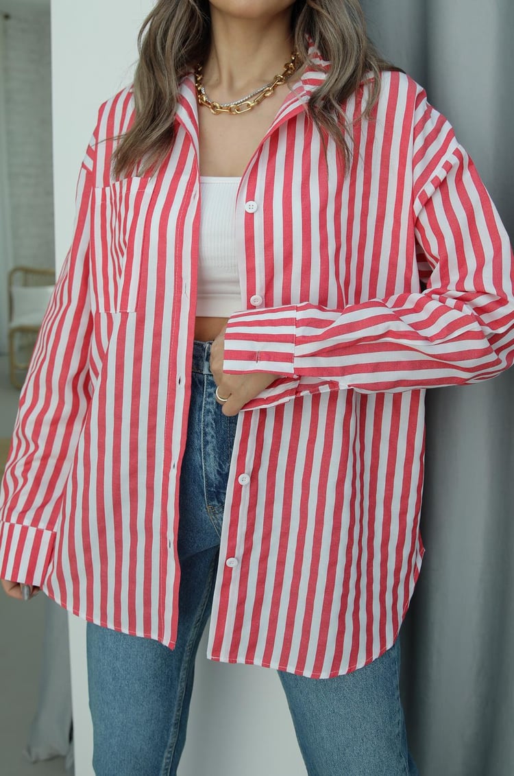 Kırmızı Çizgili Tek Cepli Gömlek