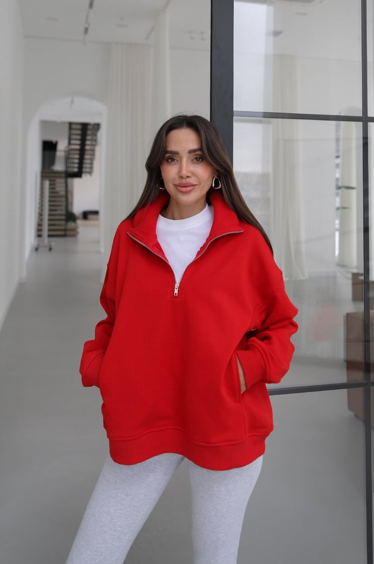 Kırmızı Collar Fermuarlı Dik Yaka Sweatshirt