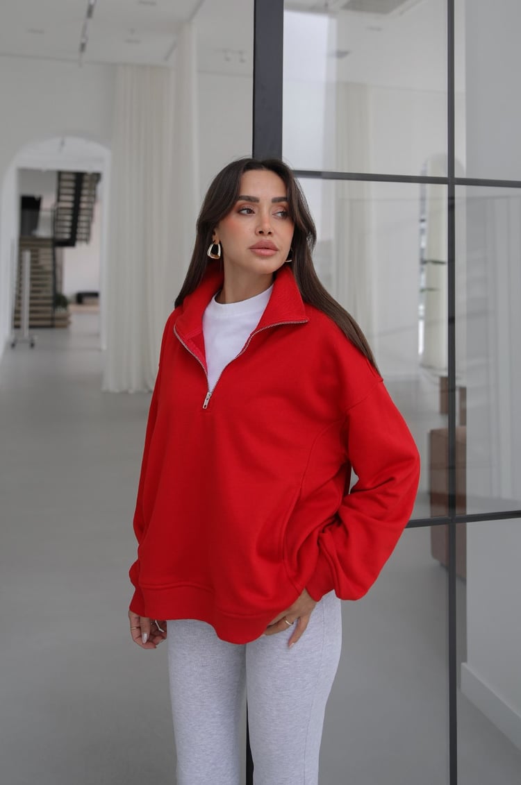Kırmızı Collar Fermuarlı Dik Yaka Sweatshirt