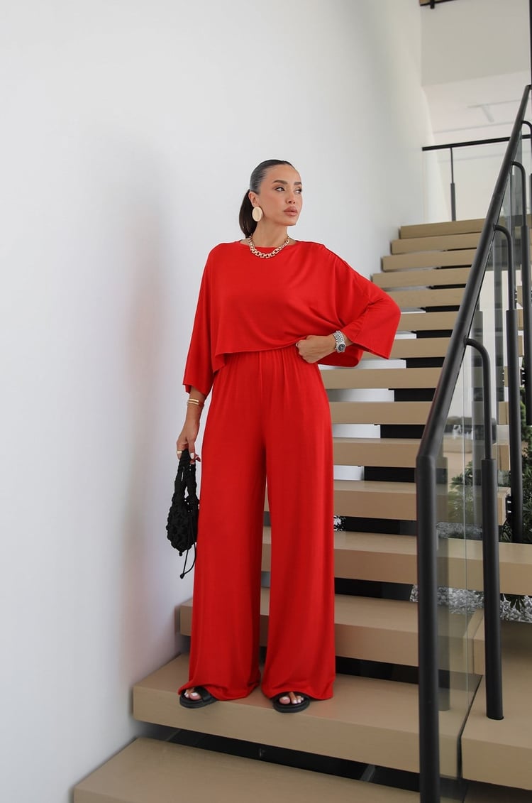 Kırmızı Cora Bluz Pantolon Takım
