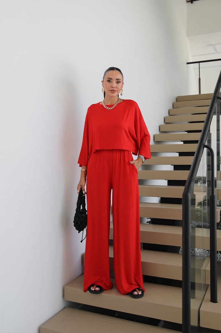 Kırmızı Cora Bluz Pantolon Takım