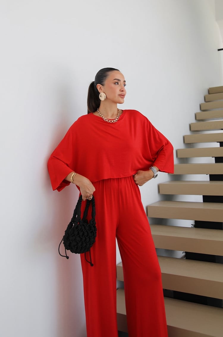 Kırmızı Cora Bluz Pantolon Takım
