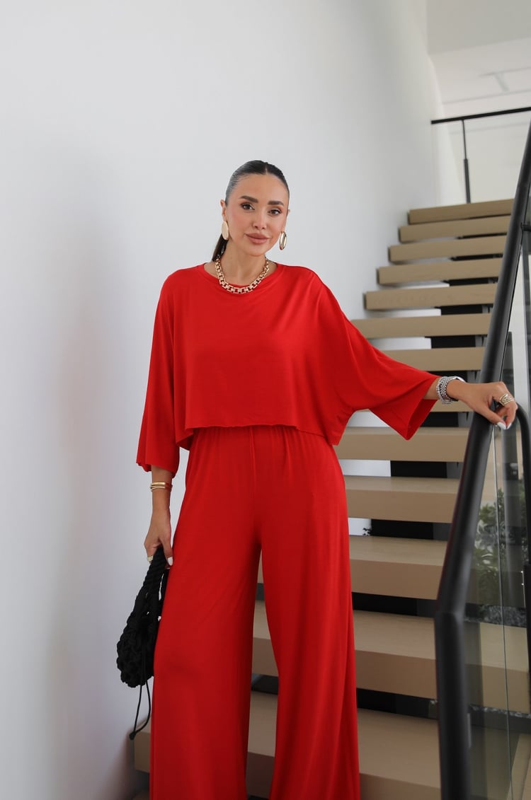 Kırmızı Cora Bluz Pantolon Takım
