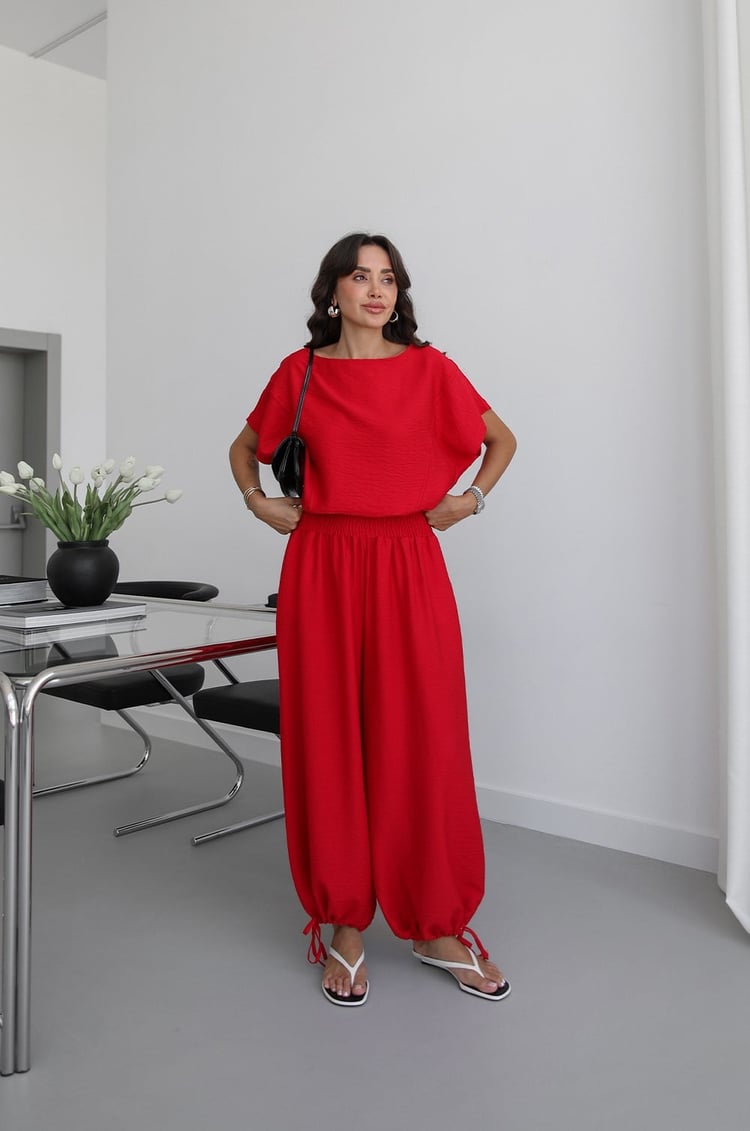 Kırmızı Daphne Bluz Şalvar Pantolon Takım