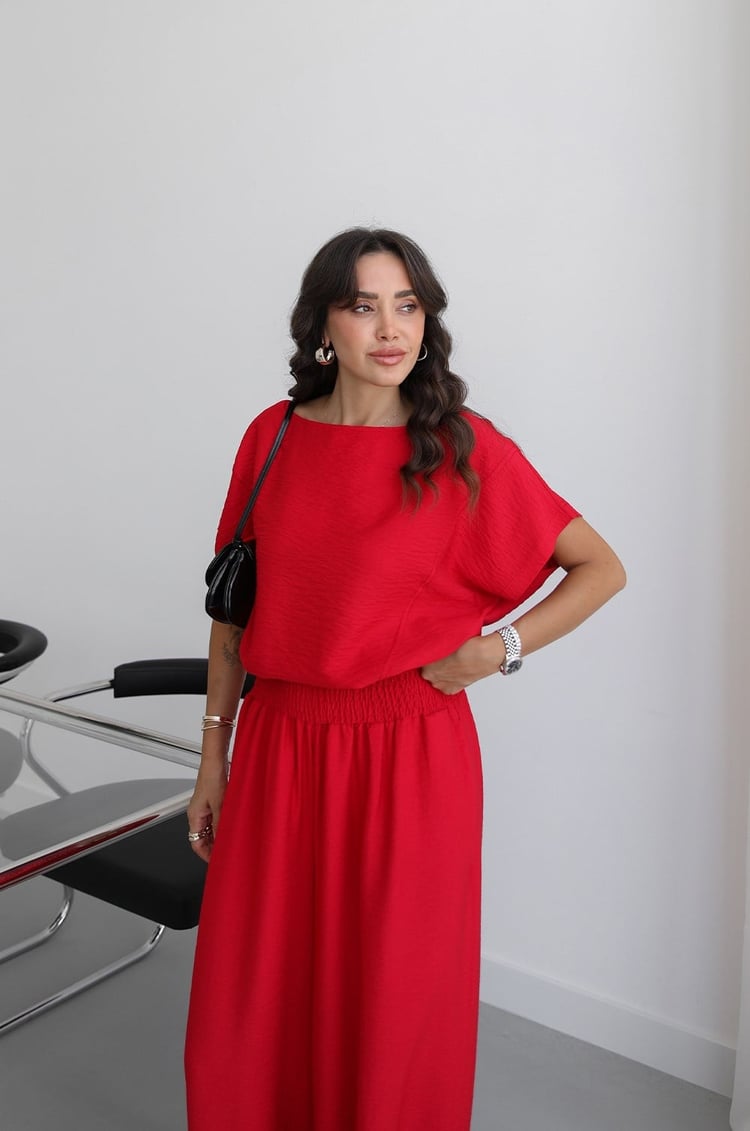 Kırmızı Daphne Bluz Şalvar Pantolon Takım
