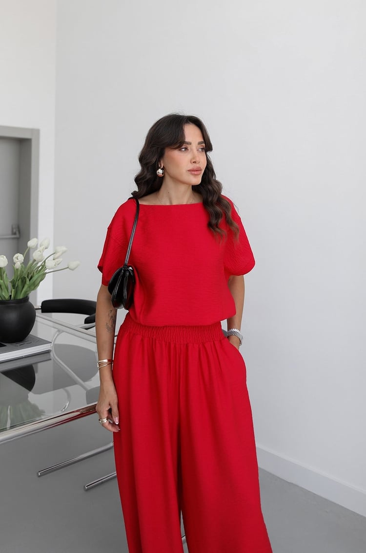 Kırmızı Daphne Bluz Şalvar Pantolon Takım
