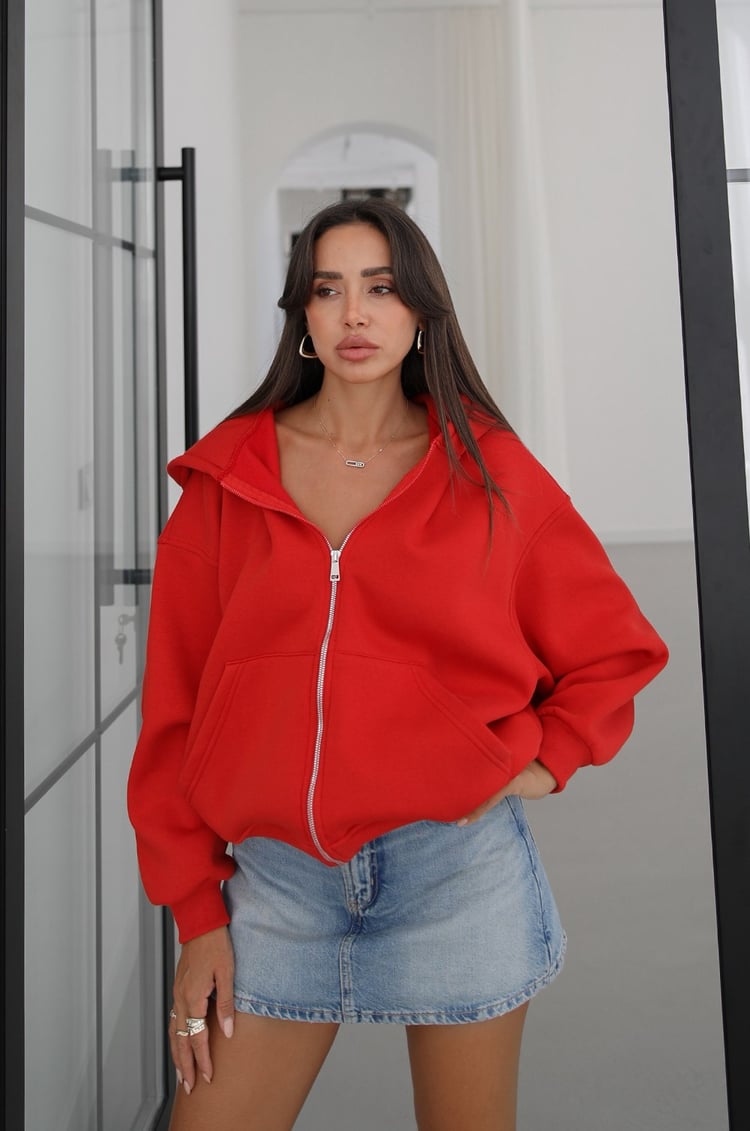 Kırmızı Fermuarlı Kapüşonlu Sweatshirt