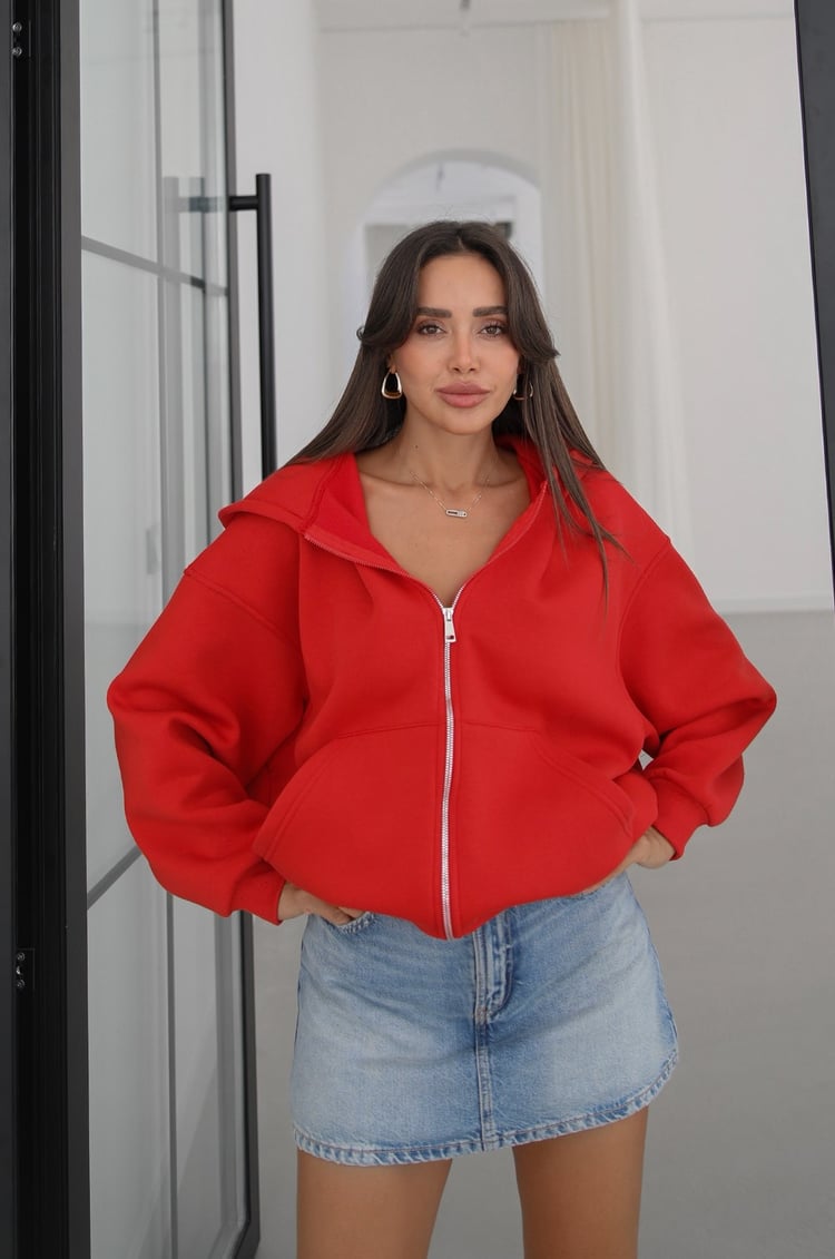 Kırmızı Fermuarlı Kapüşonlu Sweatshirt