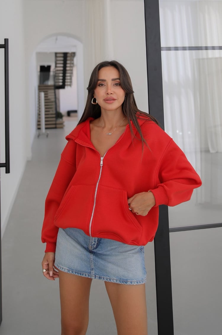 Kırmızı Fermuarlı Kapüşonlu Sweatshirt