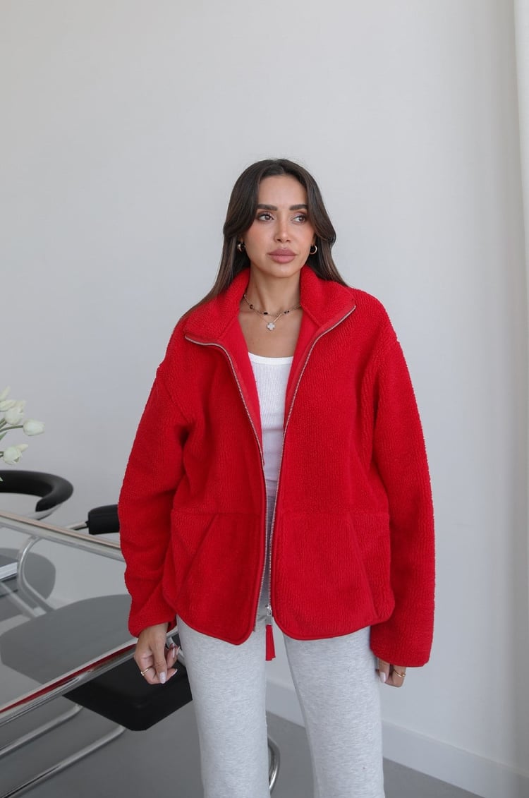 Kırmızı Fermuarlı Polar Ceket