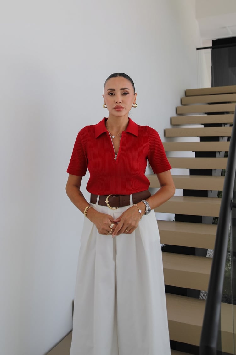 Kırmızı Fermuarlı Polo Yaka Triko Bluz