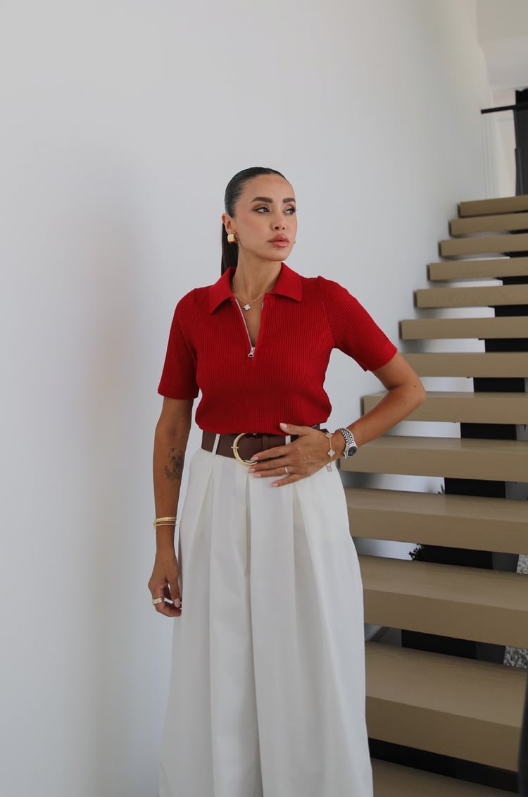 Kırmızı Fermuarlı Polo Yaka Triko Bluz