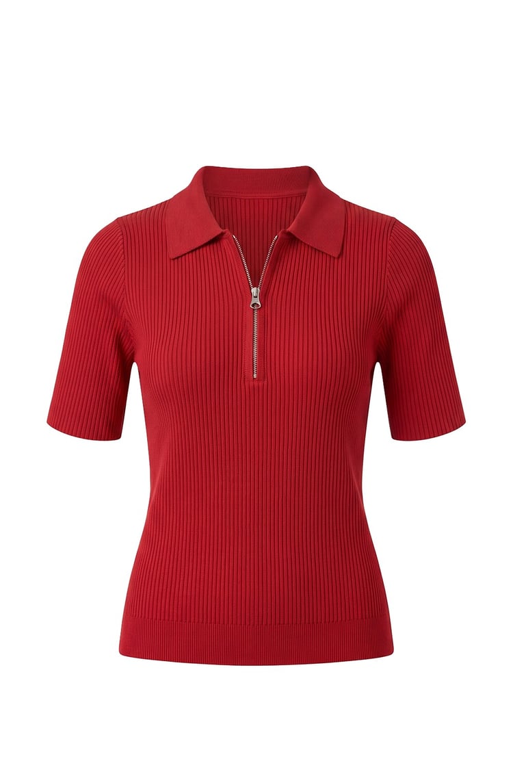 Kırmızı Fermuarlı Polo Yaka Triko Bluz