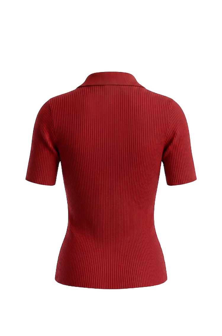 Kırmızı Fermuarlı Polo Yaka Triko Bluz