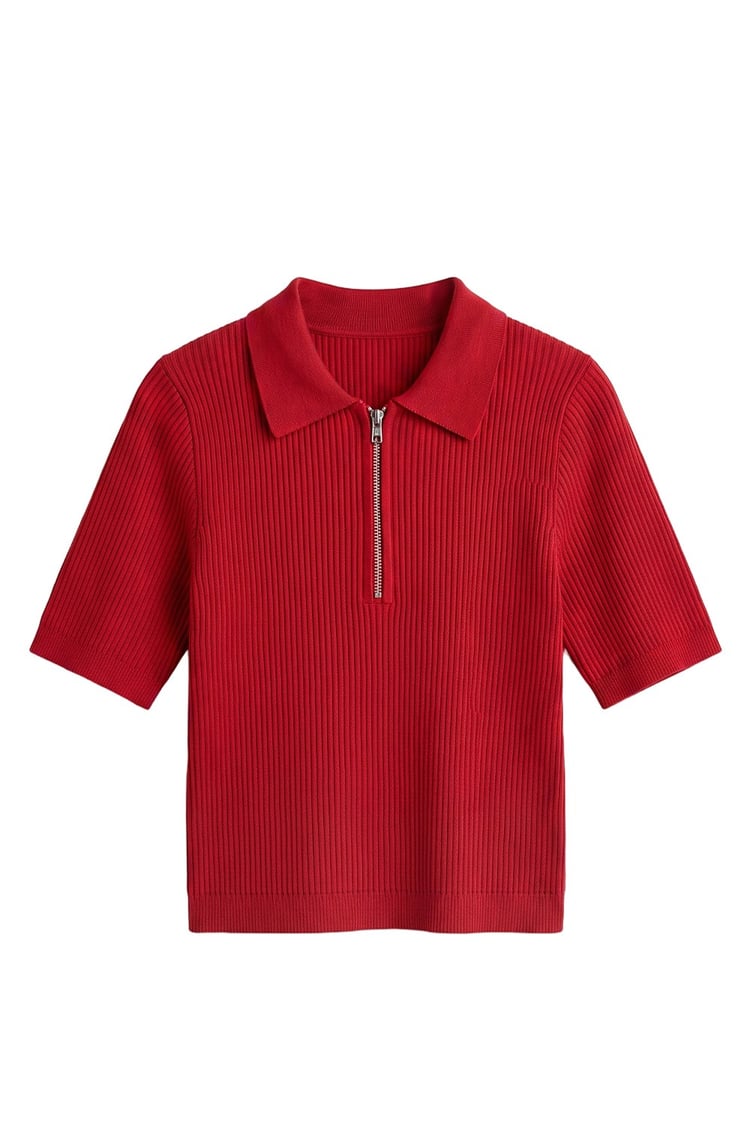 Kırmızı Fermuarlı Polo Yaka Triko Bluz