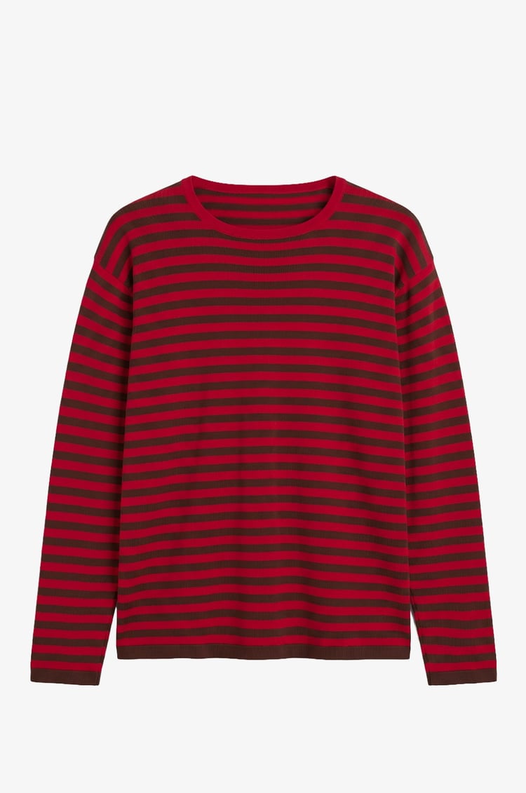 Kırmızı Fray Çizgili Triko Kazak