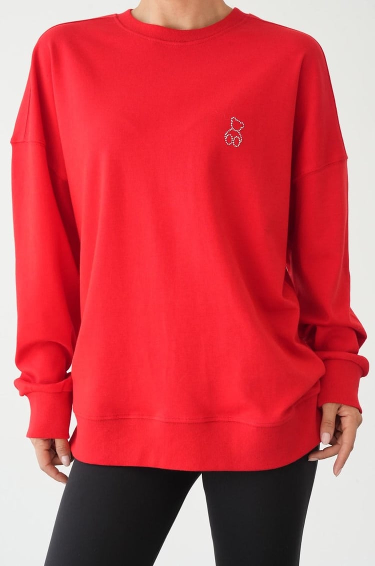 Kırmızı Göğüsü Mini Taşlı Sweatshirt